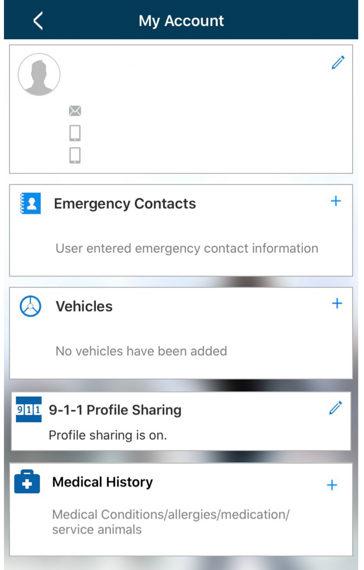 Screenshot of the Guardian App &quot;my account&quot; page displays emergency contacts, vehicles, 9-1-1 profile sharing, and medical history information
